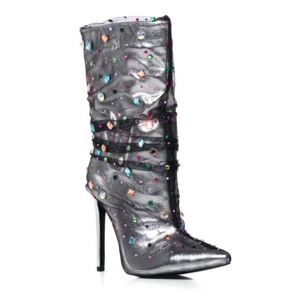 Azalea Wang Liora Silver Gemstone Stiletto Booties Size 9 - Picture 2 of 4